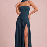 Vera Azul Marinho Escuro | Vestido de dama de honor evasê em chiffon com detalhe drapeado