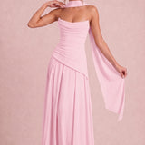 Verónica Rosa Pó | Vestido comprido tomara-que-caia em chiffon estilo corset com detalhe drapeado