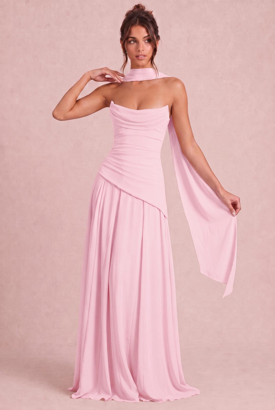 Verónica Rosa Pó | Vestido comprido tomara-que-caia em chiffon estilo corset com detalhe drapeado