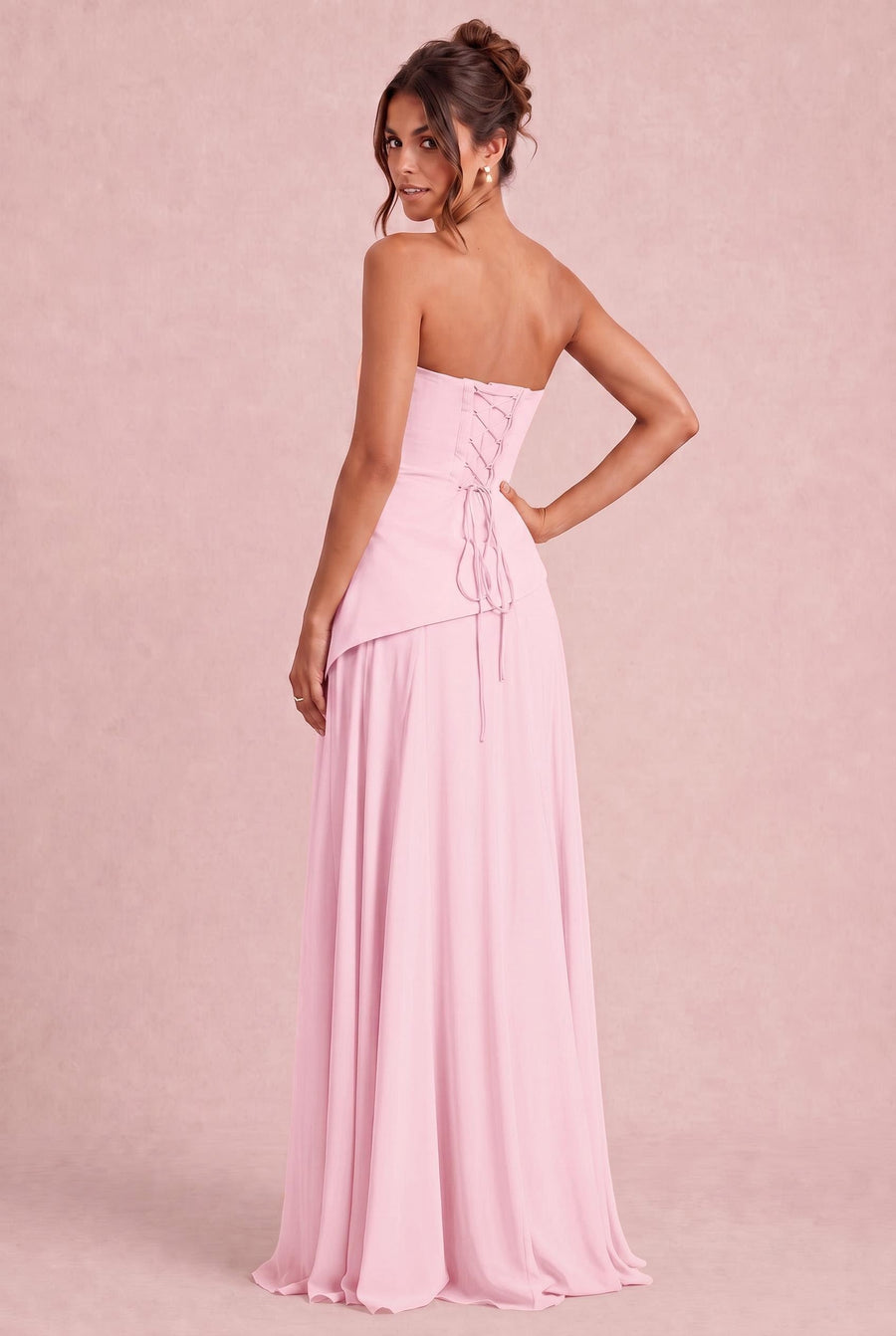 Verónica Rosa Pó | Vestido comprido tomara-que-caia em chiffon estilo corset com detalhe drapeado