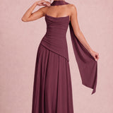 Verónica Cabernet | Vestido comprido tomara-que-caia em chiffon estilo corset com detalhe drapeado