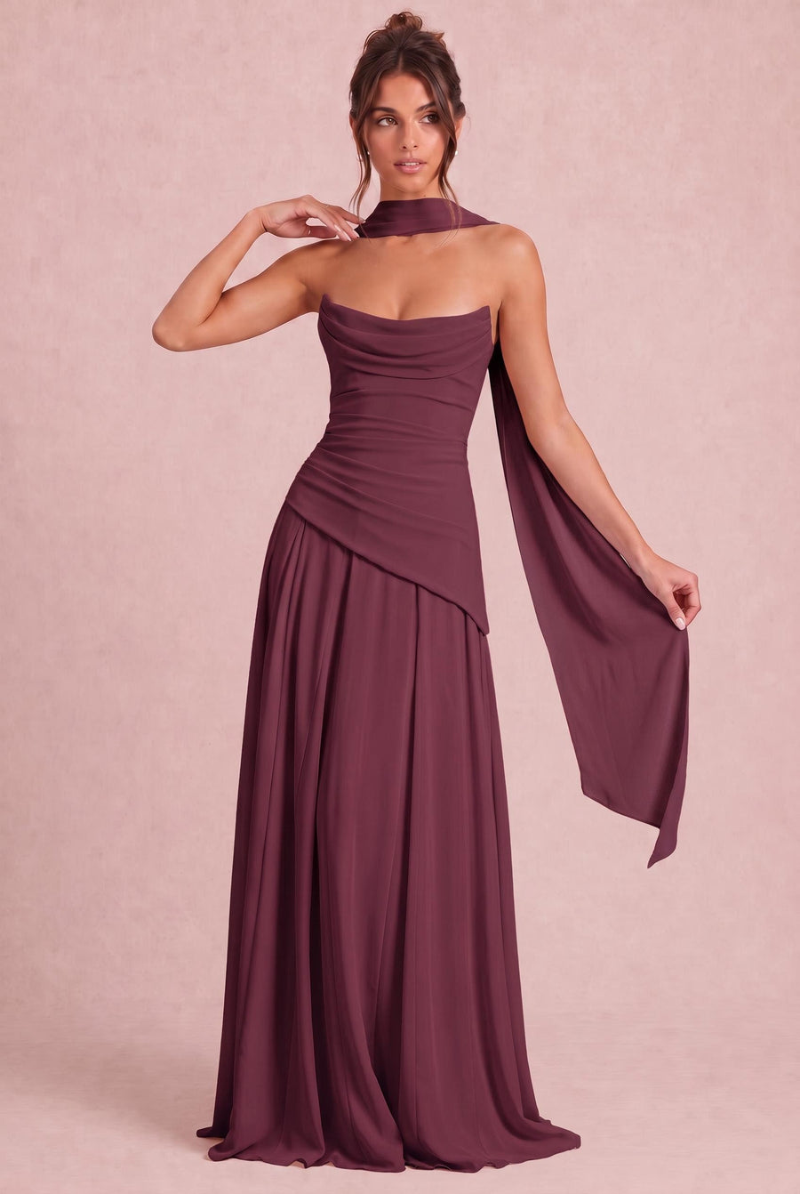 Verónica Cabernet | Vestido comprido tomara-que-caia em chiffon estilo corset com detalhe drapeado