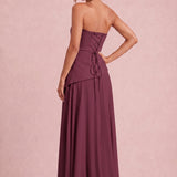 Verónica Cabernet | Vestido comprido tomara-que-caia em chiffon estilo corset com detalhe drapeado