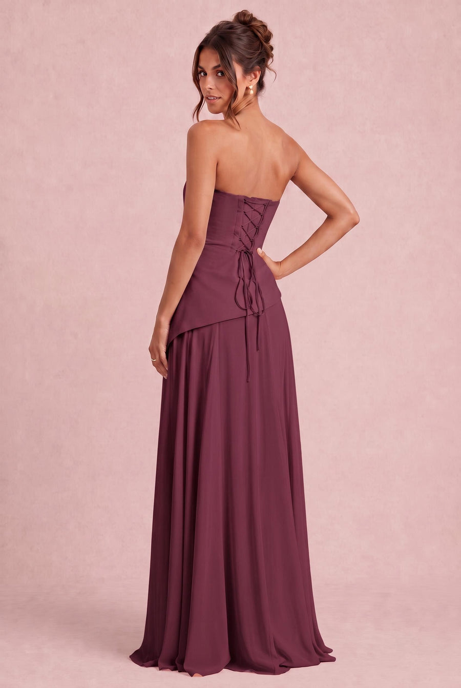 Verónica Cabernet | Vestido comprido tomara-que-caia em chiffon estilo corset com detalhe drapeado