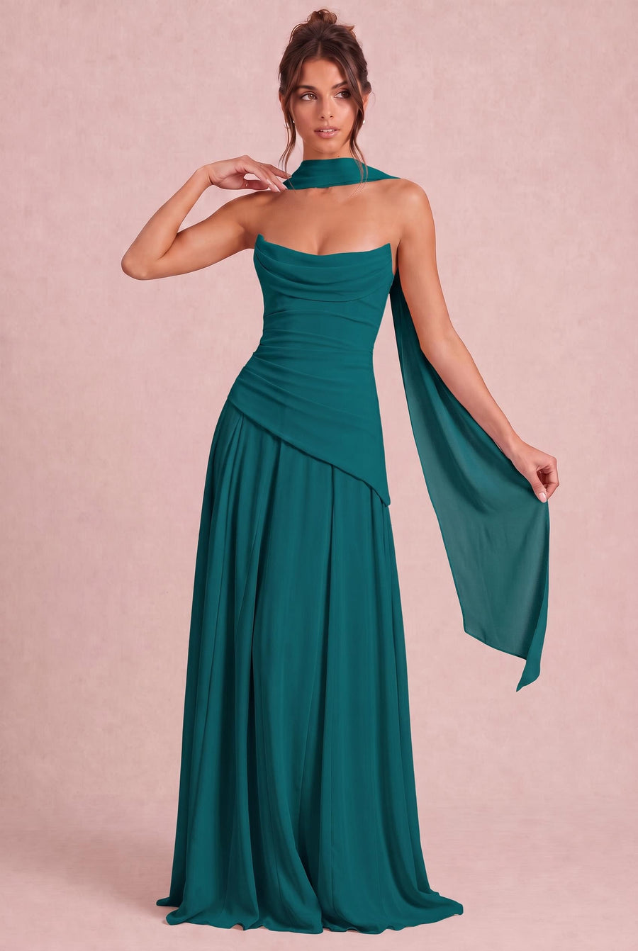 Verónica Azul Pavão | Vestido comprido tomara-que-caia em chiffon estilo corset com detalhe drapeado