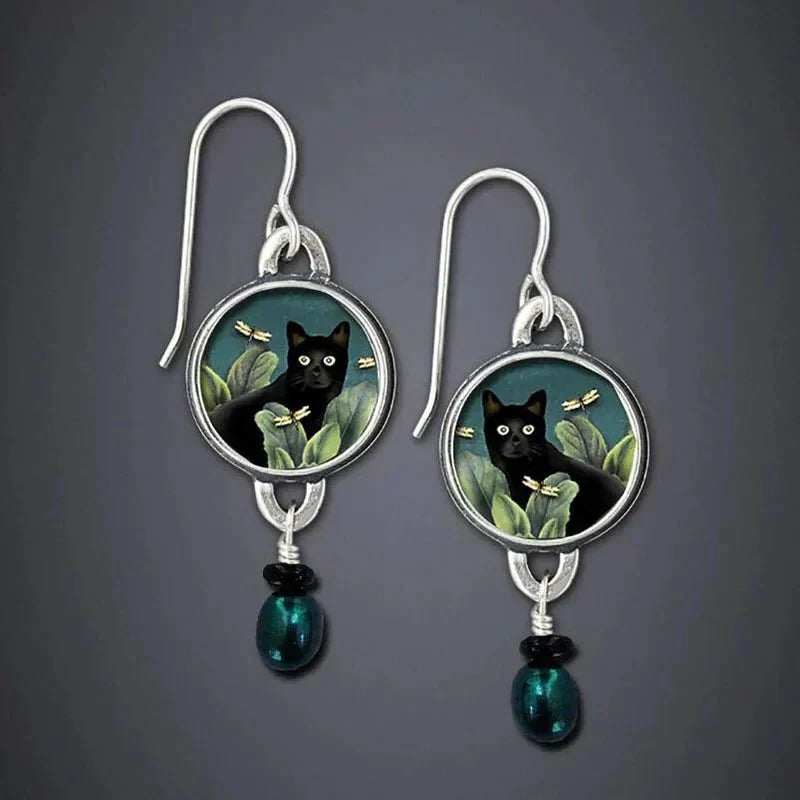 Boucles d'oreilles pendantes vintage chat noir tropical