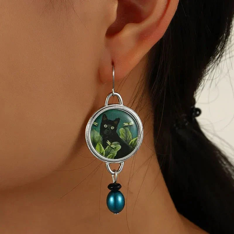 Boucles d'oreilles pendantes vintage chat noir tropical