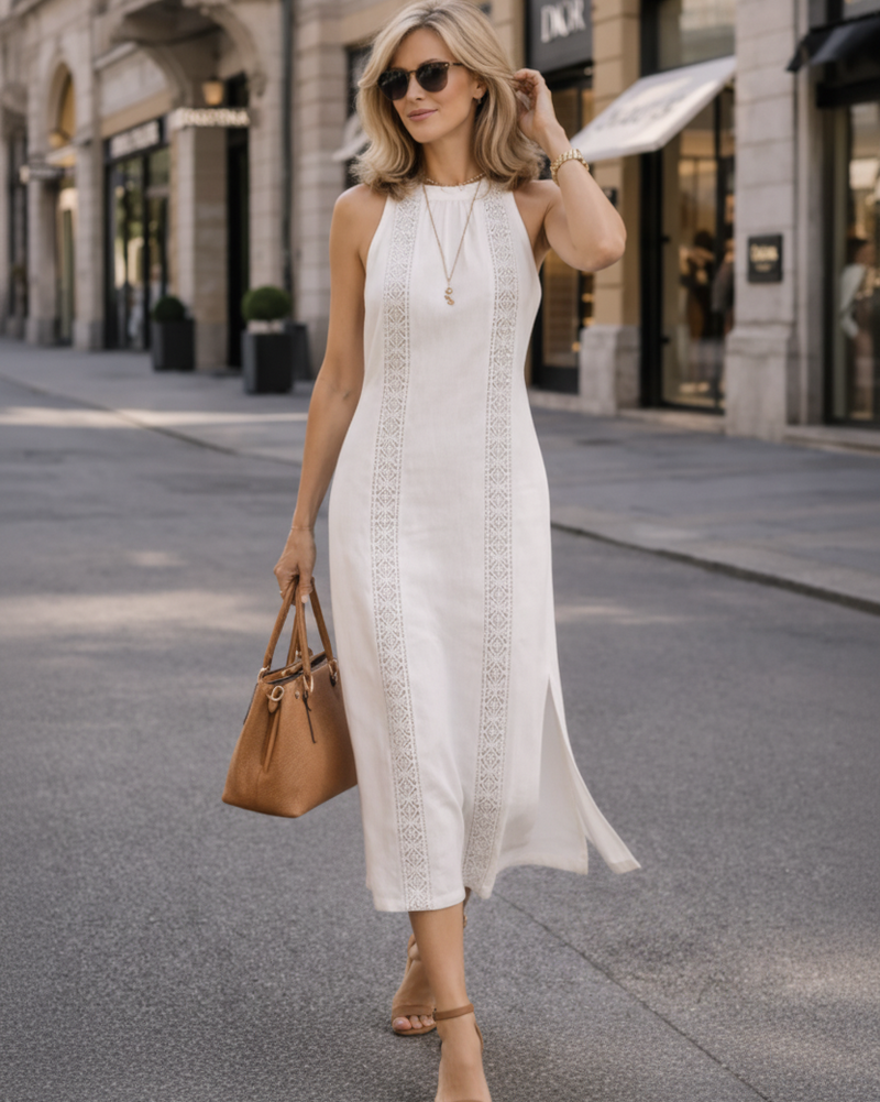 White Lace Halter Midi Dress – Editorial Fashion