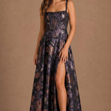 Iolanda | Vestido comprido evasê em brocado